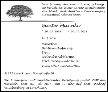 Anzeige von Günter Mannke von Kölner Stadt-Anzeiger / Kölnische Rundschau / Express