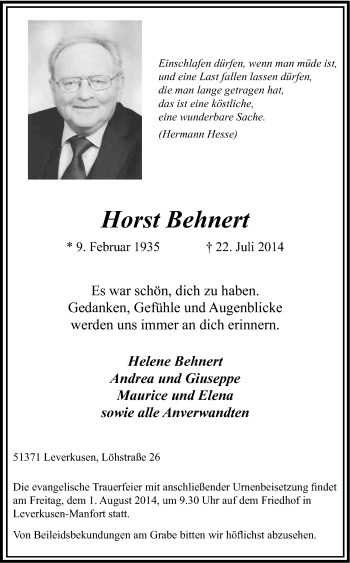 Anzeige von Horst Behnert von Kölner Stadt-Anzeiger / Kölnische Rundschau / Express