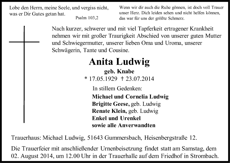  Traueranzeige für Anita Ludwig vom 26.07.2014 aus Kölner Stadt-Anzeiger / Kölnische Rundschau / Express