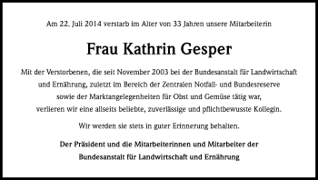 Anzeige von Kathrin Gesper von Kölner Stadt-Anzeiger / Kölnische Rundschau / Express