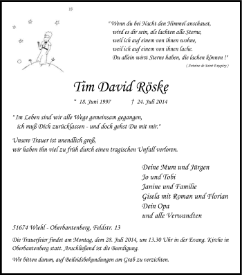 Anzeige von Tim David Röske von Kölner Stadt-Anzeiger / Kölnische Rundschau / Express