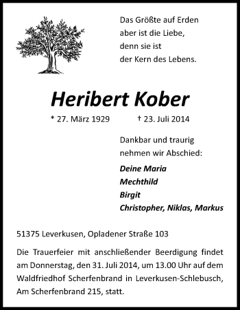 Anzeige von Heribert Kober von Kölner Stadt-Anzeiger / Kölnische Rundschau / Express