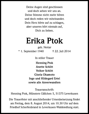 Anzeige von Erika Ptok von Kölner Stadt-Anzeiger / Kölnische Rundschau / Express