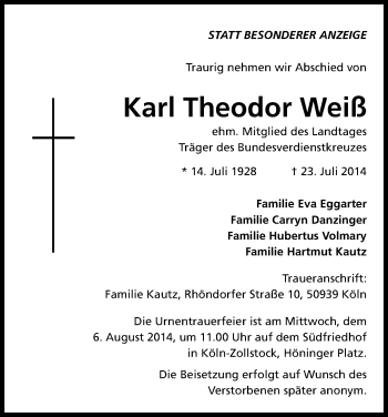 Anzeige von Karl Theodor Weiß von Kölner Stadt-Anzeiger / Kölnische Rundschau / Express