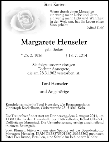 Anzeige von Margarete Henseler von Kölner Stadt-Anzeiger / Kölnische Rundschau / Express