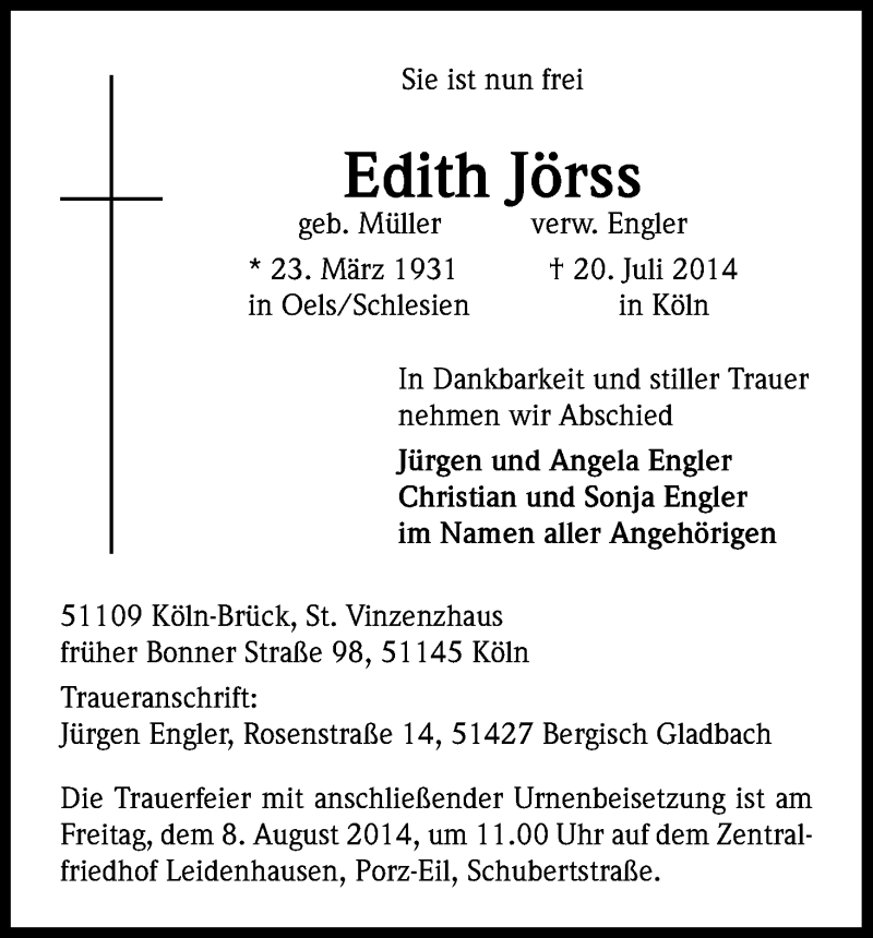  Traueranzeige für Edith Jörss vom 02.08.2014 aus Kölner Stadt-Anzeiger / Kölnische Rundschau / Express