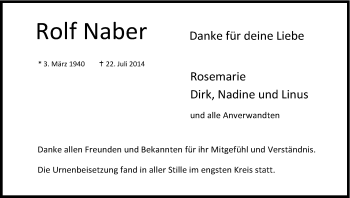 Anzeige von Rolf Naber von Kölner Stadt-Anzeiger / Kölnische Rundschau / Express