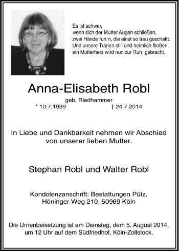 Anzeige von Anna-Elisabeth Robl von Kölner Stadt-Anzeiger / Kölnische Rundschau / Express