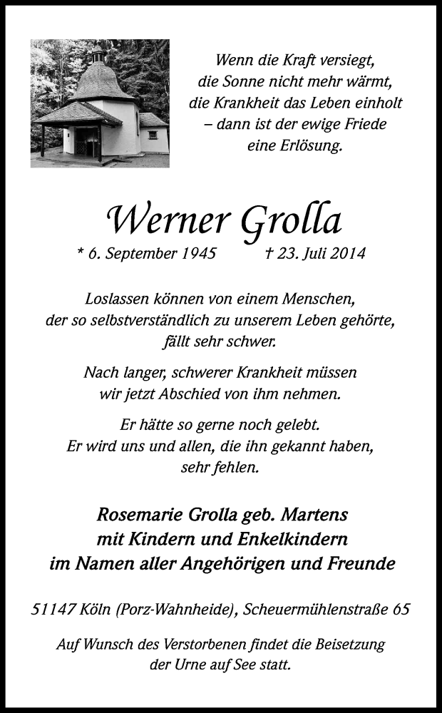  Traueranzeige für Werner Grolla vom 02.08.2014 aus Kölner Stadt-Anzeiger / Kölnische Rundschau / Express