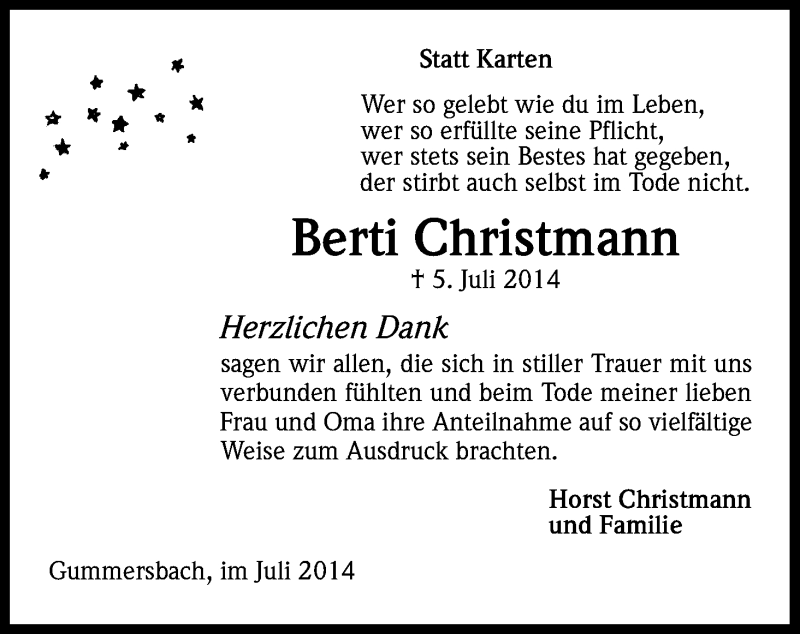  Traueranzeige für Berti Christmann vom 30.07.2014 aus Kölner Stadt-Anzeiger / Kölnische Rundschau / Express