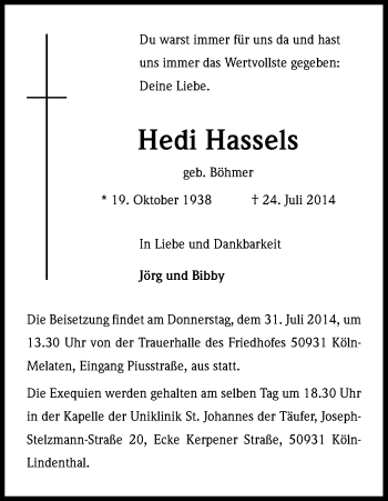 Anzeige von Hedi Hassels von Kölner Stadt-Anzeiger / Kölnische Rundschau / Express