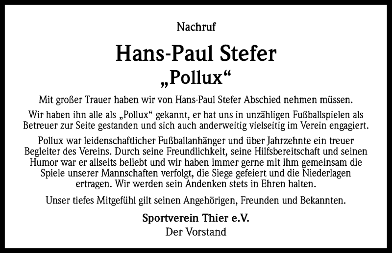  Traueranzeige für Hans-Paul Stefer vom 29.07.2014 aus Kölner Stadt-Anzeiger / Kölnische Rundschau / Express