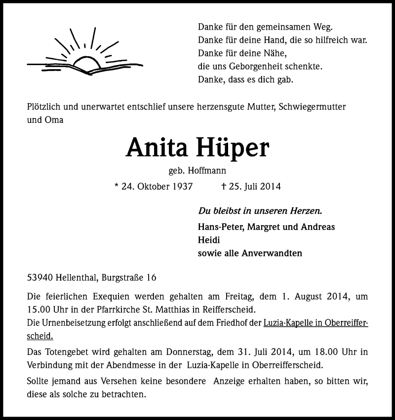  Traueranzeige für Anita Hüper vom 29.07.2014 aus Kölner Stadt-Anzeiger / Kölnische Rundschau / Express