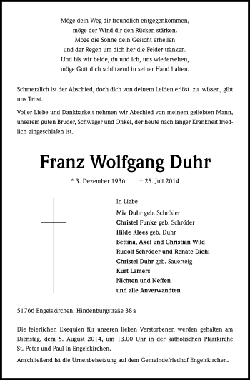 Anzeige von Franz Wolfgang Duhr von Kölner Stadt-Anzeiger / Kölnische Rundschau / Express