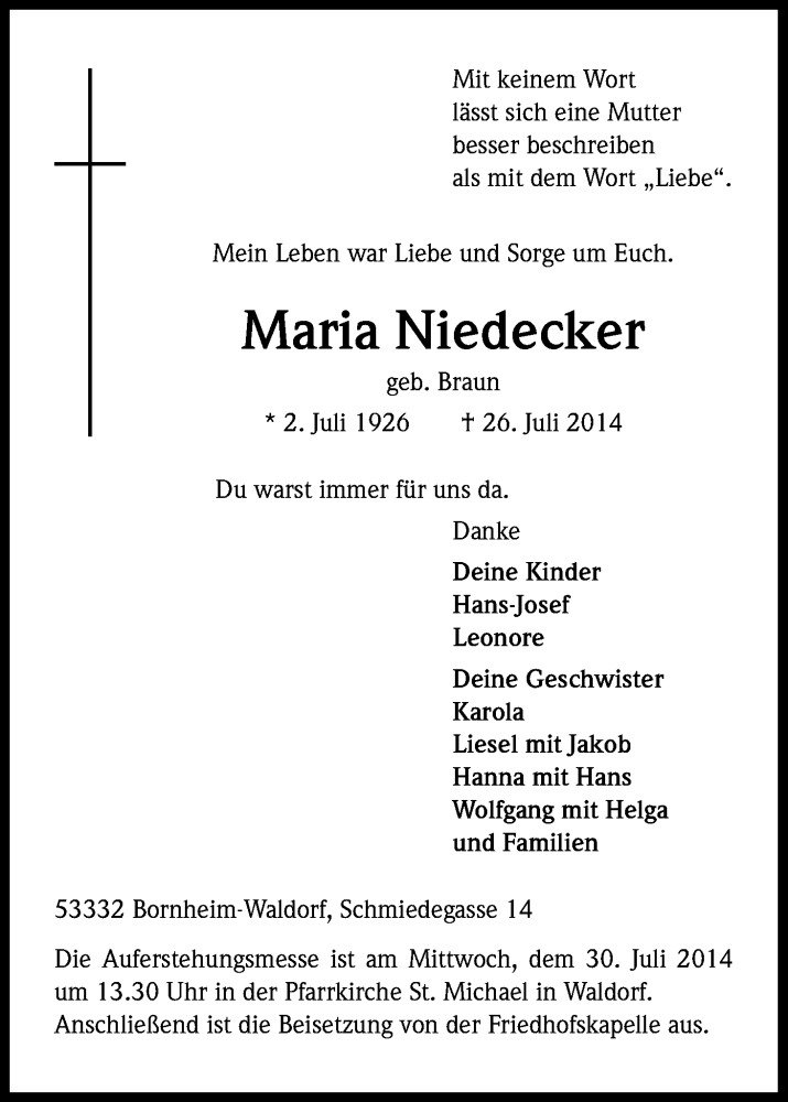  Traueranzeige für Maria Niedecker vom 29.07.2014 aus Kölner Stadt-Anzeiger / Kölnische Rundschau / Express