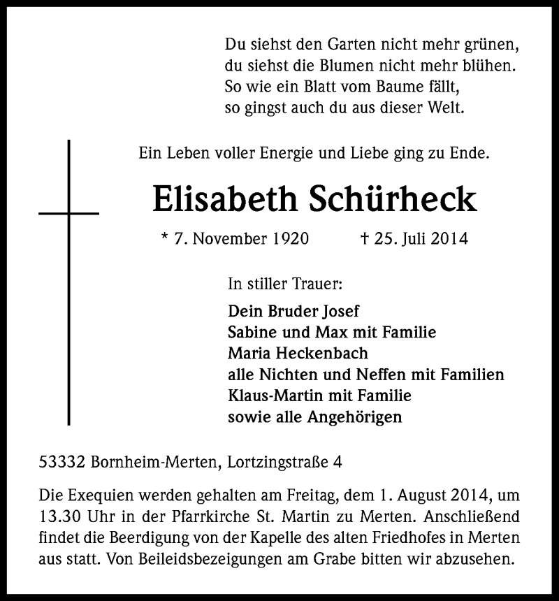  Traueranzeige für Elisabeth Schürheck vom 29.07.2014 aus Kölner Stadt-Anzeiger / Kölnische Rundschau / Express