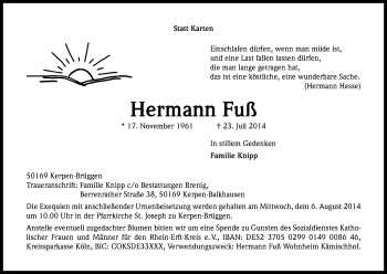 Anzeige von Hermann Fuß von Kölner Stadt-Anzeiger / Kölnische Rundschau / Express