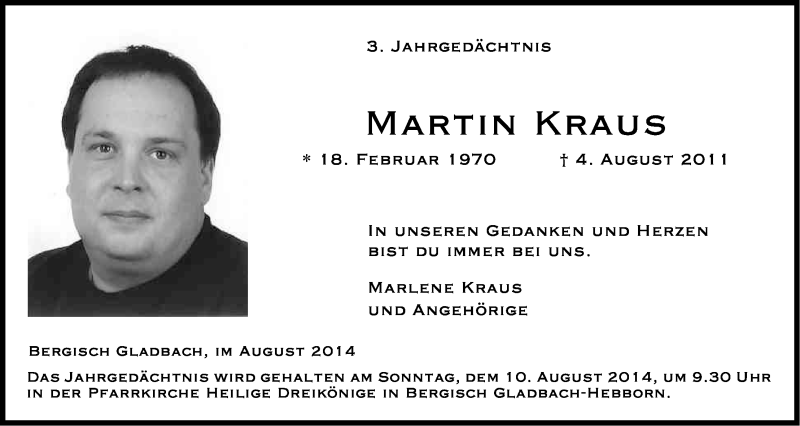  Traueranzeige für Martin Kraus vom 30.07.2014 aus Kölner Stadt-Anzeiger / Kölnische Rundschau / Express