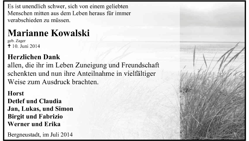  Traueranzeige für Marianne Kowalski vom 30.07.2014 aus Kölner Stadt-Anzeiger / Kölnische Rundschau / Express