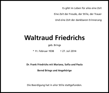 Anzeige von Waltraud Friedrichs von Kölner Stadt-Anzeiger / Kölnische Rundschau / Express