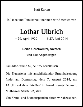 Anzeige von Lothar Ulbrich von Kölner Stadt-Anzeiger / Kölnische Rundschau / Express