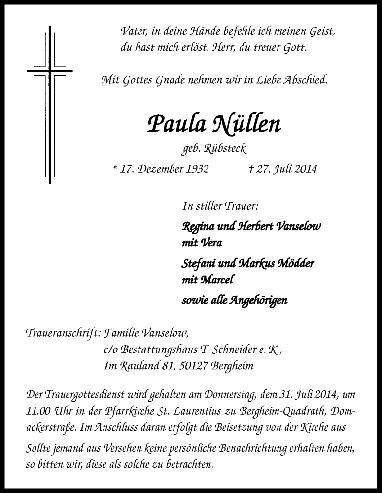  Traueranzeige für Paula Nüllen vom 29.07.2014 aus Kölner Stadt-Anzeiger / Kölnische Rundschau / Express