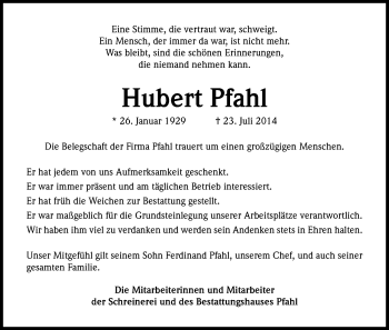 Anzeige von Hubert Pfahl von Kölner Stadt-Anzeiger / Kölnische Rundschau / Express