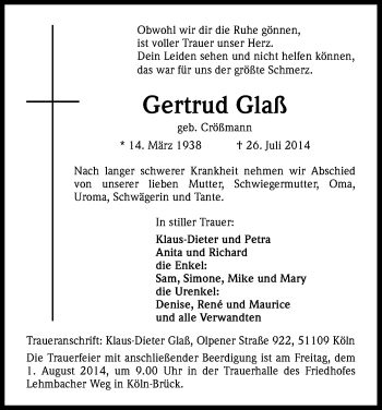 Anzeige von Gertrud Glaß von Kölner Stadt-Anzeiger / Kölnische Rundschau / Express