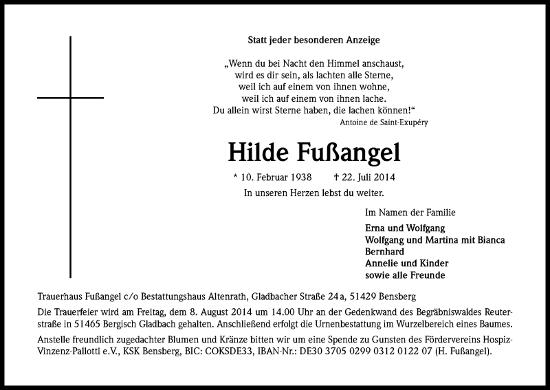  Traueranzeige für Hilde Fußangel vom 02.08.2014 aus Kölner Stadt-Anzeiger / Kölnische Rundschau / Express