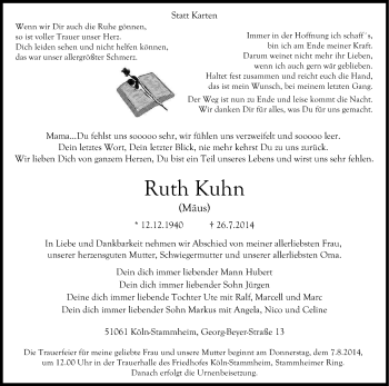 Anzeige von Ruth Kuhn von Kölner Stadt-Anzeiger / Kölnische Rundschau / Express