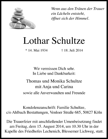 Anzeige von Lothar Schultze von Kölner Stadt-Anzeiger / Kölnische Rundschau / Express