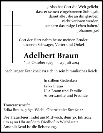 Anzeige von Adelbert Braun von Kölner Stadt-Anzeiger / Kölnische Rundschau / Express