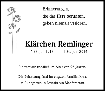 Anzeige von Klärchen Remlinger von Kölner Stadt-Anzeiger / Kölnische Rundschau / Express