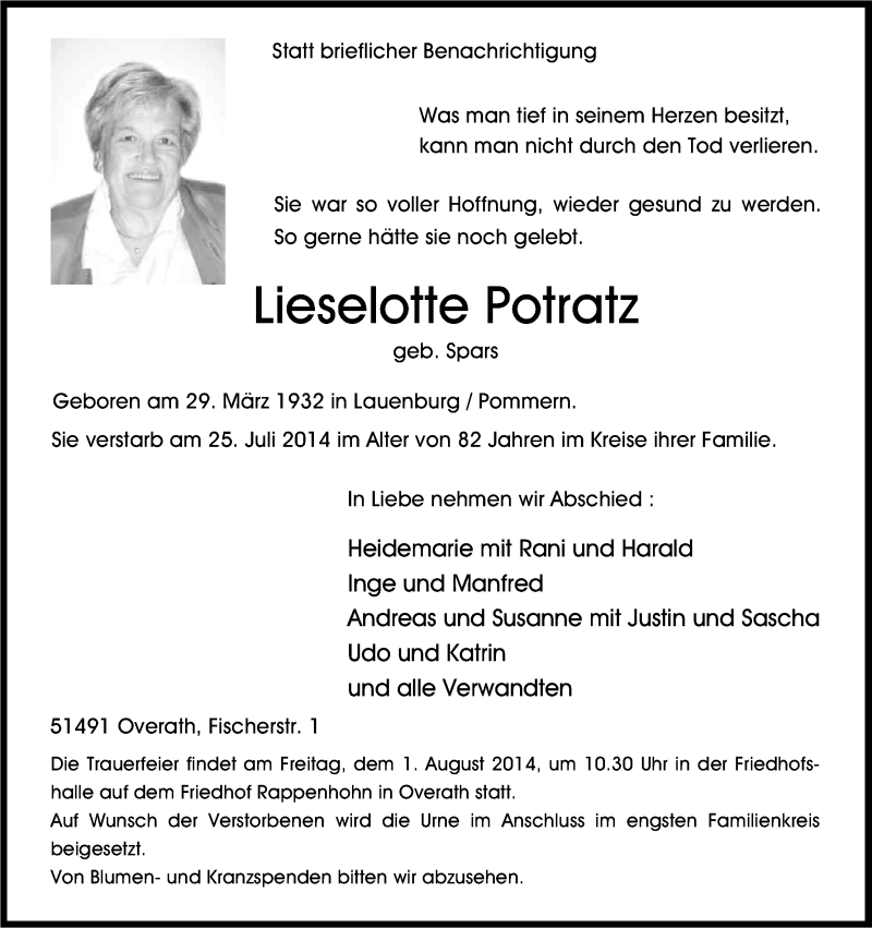  Traueranzeige für Lieselotte Portratz vom 29.07.2014 aus Kölner Stadt-Anzeiger / Kölnische Rundschau / Express