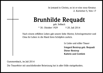 Anzeige von Brunhilde Requadt von Kölner Stadt-Anzeiger / Kölnische Rundschau / Express