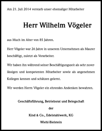 Anzeige von Wilhelm Vögeler von Kölner Stadt-Anzeiger / Kölnische Rundschau / Express
