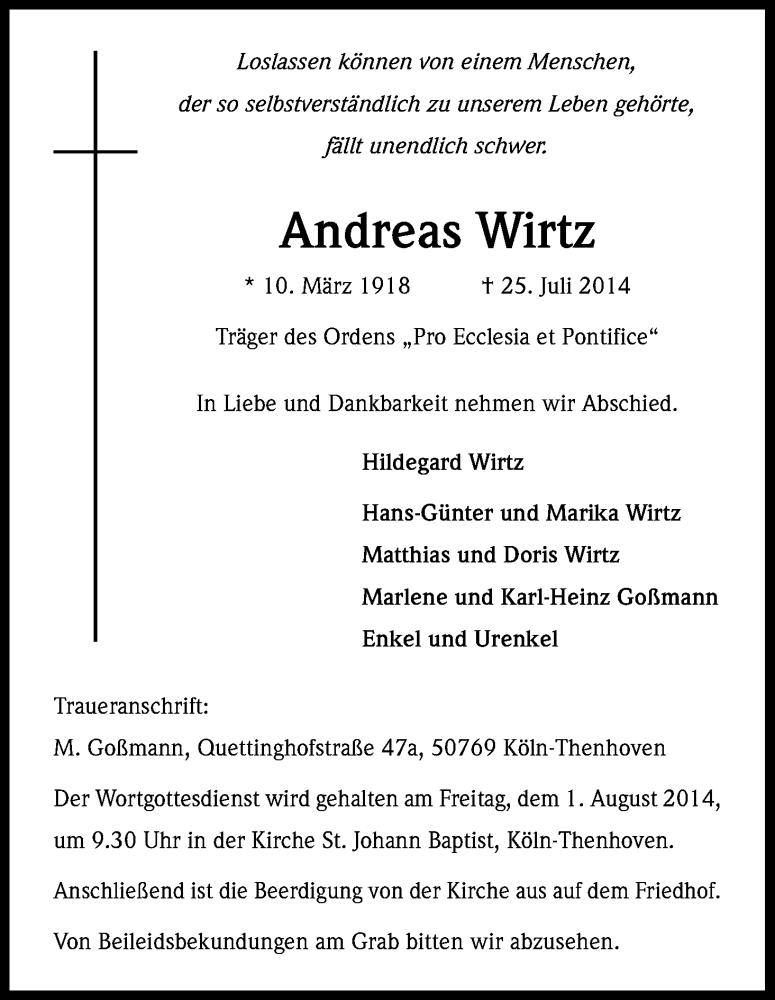  Traueranzeige für Andreas Wirtz vom 30.07.2014 aus Kölner Stadt-Anzeiger / Kölnische Rundschau / Express