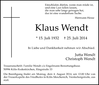 Anzeige von Klaus Wendt von Kölner Stadt-Anzeiger / Kölnische Rundschau / Express