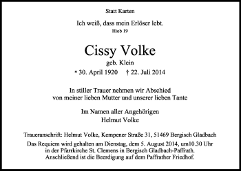 Anzeige von Cissy Volke von Kölner Stadt-Anzeiger / Kölnische Rundschau / Express