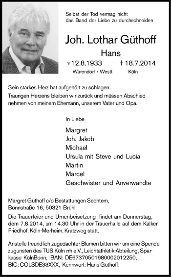 Anzeige von Lothar Güthoff von Kölner Stadt-Anzeiger / Kölnische Rundschau / Express