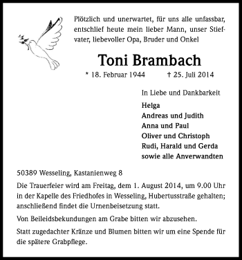 Anzeige von Toni Brambach von Kölner Stadt-Anzeiger / Kölnische Rundschau / Express