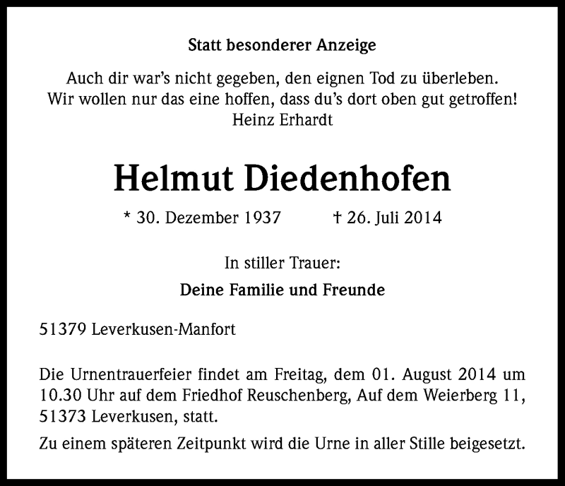 Traueranzeige für Helmut Diedenhofen vom 30.07.2014 aus Kölner Stadt-Anzeiger / Kölnische Rundschau / Express