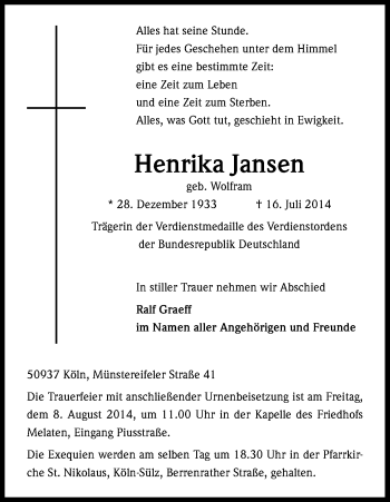 Anzeige von Henrika Jansen von Kölner Stadt-Anzeiger / Kölnische Rundschau / Express