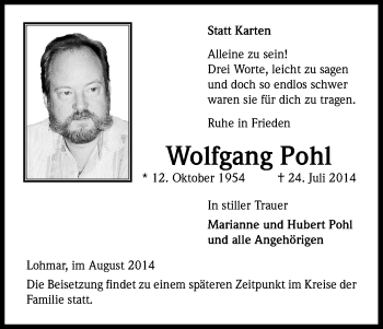 Anzeige von Wolfgang Pohl von Kölner Stadt-Anzeiger / Kölnische Rundschau / Express
