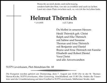 Anzeige von Helmut Thörnich von Kölner Stadt-Anzeiger / Kölnische Rundschau / Express
