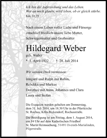 Anzeige von Hildegard Weber von Kölner Stadt-Anzeiger / Kölnische Rundschau / Express