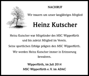 Anzeige von Heinz Kutscher von Kölner Stadt-Anzeiger / Kölnische Rundschau / Express
