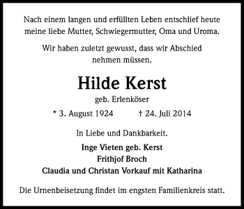 Anzeige von Hilde Kerst von Kölner Stadt-Anzeiger / Kölnische Rundschau / Express