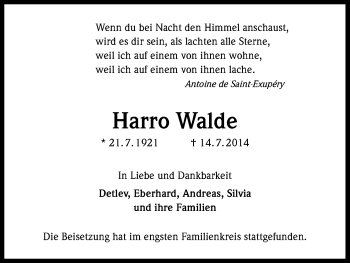 Anzeige von Harro Walde von Kölner Stadt-Anzeiger / Kölnische Rundschau / Express