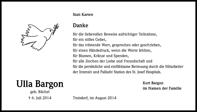  Traueranzeige für Ulla Bargon vom 02.08.2014 aus Kölner Stadt-Anzeiger / Kölnische Rundschau / Express